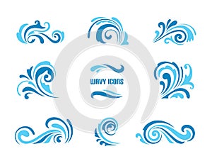 Wave icons, set of simple swirls and splashes on white