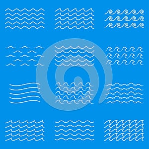 Wave line icon set. Water outline symbol. Sea and Ocean signs. Vector illustration