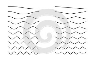 Wave line and wavy zigzag lines. Vector black underlines, smooth end squiggly horizontal curvy squiggles.