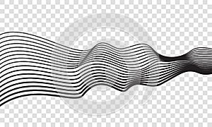 Wave lines optical abstract optical art background. Vector isolated thread black wavy lines motion on transparent background