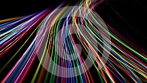 Wave motion of bright multi colored lines on black background