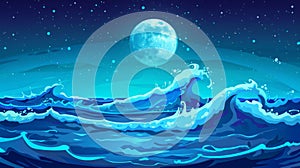 A wave in an ocean and a full moon with stars in the sky. Sea cartoon panoramic scene. A sunset skyline scene with a