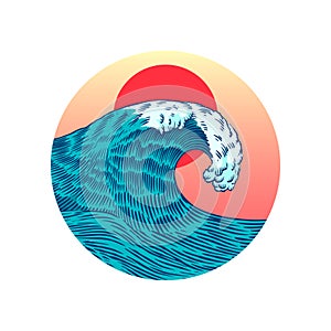 A Wave In The Ocean With A Red Sun In The Background