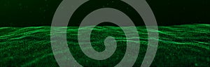 Wave of particles. Dynamic wave on green background. Big data visualization. Data technology abstract futuristic illustration. 3d
