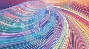 Wave peaks along curved well, pastel lines for quantized energy levels