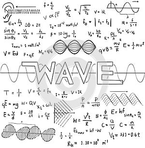 Wave physics science theory law and mathematical formula equation, doodle handwriting and frequencies model icon in white isolate