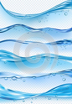 Wave realistic. Macro flowing liquid surface with drops and splashes vector waves illustrations