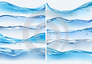 Wave realistic splashes. Liquid water surface with bubbles and splashes ocean or sea vector backgrounds