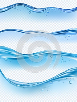 Wave realistic. Water splashes liquid surface with bubbles transparent aqua flowing vector wave pictures photo