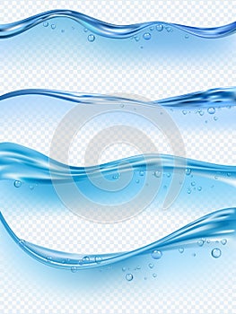 Wave realistic. Water splashes liquid surface with bubbles transparent aqua flowing vector wave pictures