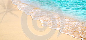 Wave Sea on Beach Sand Background, Blue Ocean Summer Tropical Nature Landscape Water Calm at Coast Island Shore View Texture
