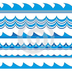 Wave set. Waves seamless pattern. Sea and ocean waves isolated on white background. Vector illustration.