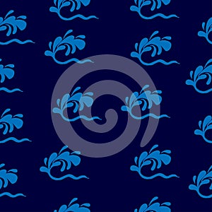 Wave shape illustration on dark blue background. ocean icon. blue water. hand drawn vector, seamless pattern. unique wave. doodle