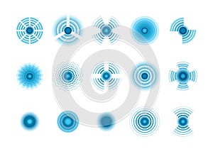 Wave signals. Blue graphic symbols of wave concentric circular radio pulsations. Vector icons set photo