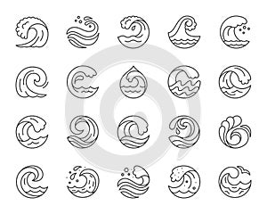 Wave simple black line icons vector set