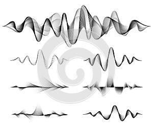 Wave sound vector set. Music soundwave design, black isolated on white background. Radio frequency lines and dots