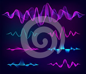 Wave sound vector set. Music soundwave design, color elements isolated on dark background. Radio frequency lines and photo