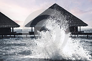 Wave-splashing stormy seawater in the Maldives