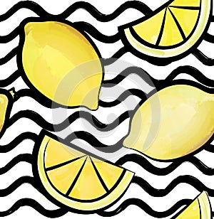 Wave tile pattern. Tropical fruit lemon ornamental wallpaper.