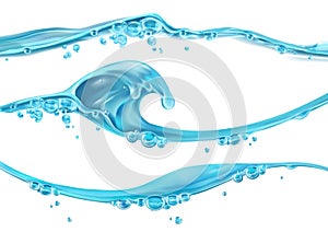 Wave of water and bubbles, 3d vector set