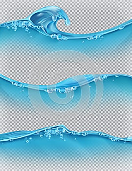 Wave of water and bubbles, vector set
