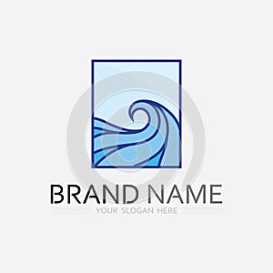 wave and water Isolated round shape logo Blue color logotype Flowing water image. Sea, ocean, river surface