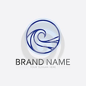 wave and water Isolated round shape logo Blue color logotype Flowing water image. Sea, ocean, river surface