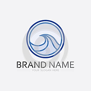 wave and water Isolated round shape logo Blue color logotype Flowing water image. Sea, ocean, river surface