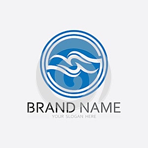 wave and water Isolated round shape logo Blue color logotype Flowing water image. Sea, ocean, river surface