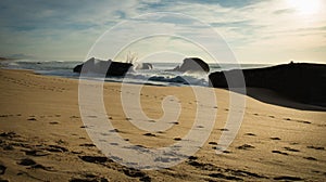 Wave water splash behind blockhouse on scenic beautiful sandy beach seascape with splashing waves