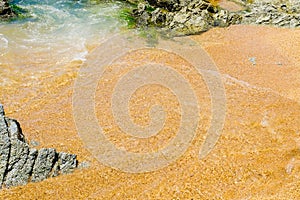 Wave on wet beach sand. TheClear water and sand on Mediterranean Sea on Costa Brava, Spain