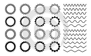 Wave zigzag dividers. Undulating zig zag round frames. Isolated horizontal squiggle wavy lines, black curved serrated