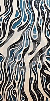 Waved Blue And White Painting: Dark Black And Beige Psychedelic Op Art