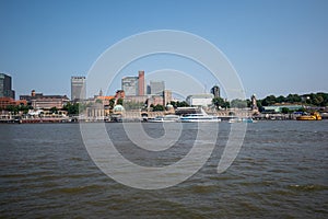 Waveless calm water surface and Hamburg harbor skyline with modern buildings along the Elbe river