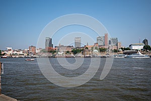 Waveless calm water surface and Hamburg harbor skyline with modern buildings along the Elbe river