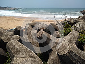 Wavelet blocks in Thengapattanam beach, Kanyakumari district, Tamilnadu, seascape view