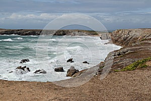 Waves of Atlantic ocean on wild coast of the peninsula of Quiberon, Brittany, France