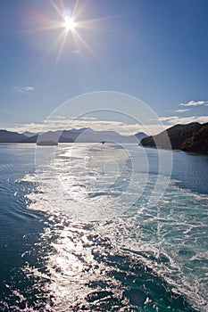 Waves behind ship crossing Cook Inlet from North island of New Zealand to South Island