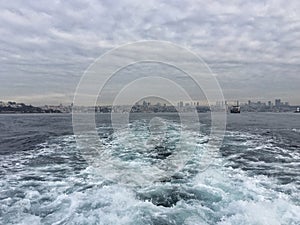 Waves behind of a ship on sea