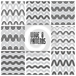 Waves black and white seamless patterns set, geometric vector ba