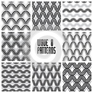 Waves black and white seamless patterns set, geometric vector ba