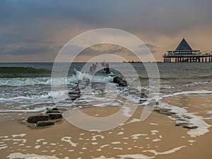 Waves break at groynes of Usedom