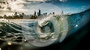 Waves breaking at Burleigh Heads on the Gold Coast with the Surfers Paradise skyline in the background