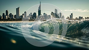 Waves breaking at Burleigh Heads on the Gold Coast with the Surfers Paradise skyline in the background