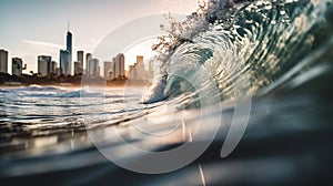 Waves breaking at Burleigh Heads on the Gold Coast with the Surfers Paradise skyline in the background