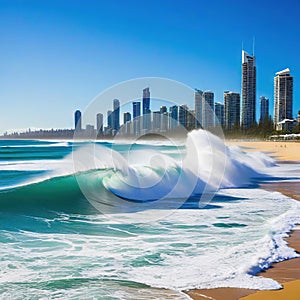 Waves breaking at Burleigh Heads on the Gold Coast with the Surfers Paradise skyline in the background