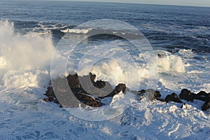 Waves breaking and crushing on the rocks on the Atlantic Ocean on coastline and seashore of Madeira Island , Portugal