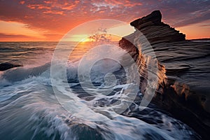 waves breaking over a long, flat rock at sunset