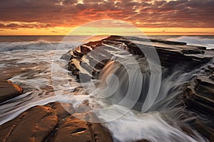 waves breaking over a long, flat rock at sunset