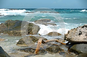 Waves breaking on rocky coast